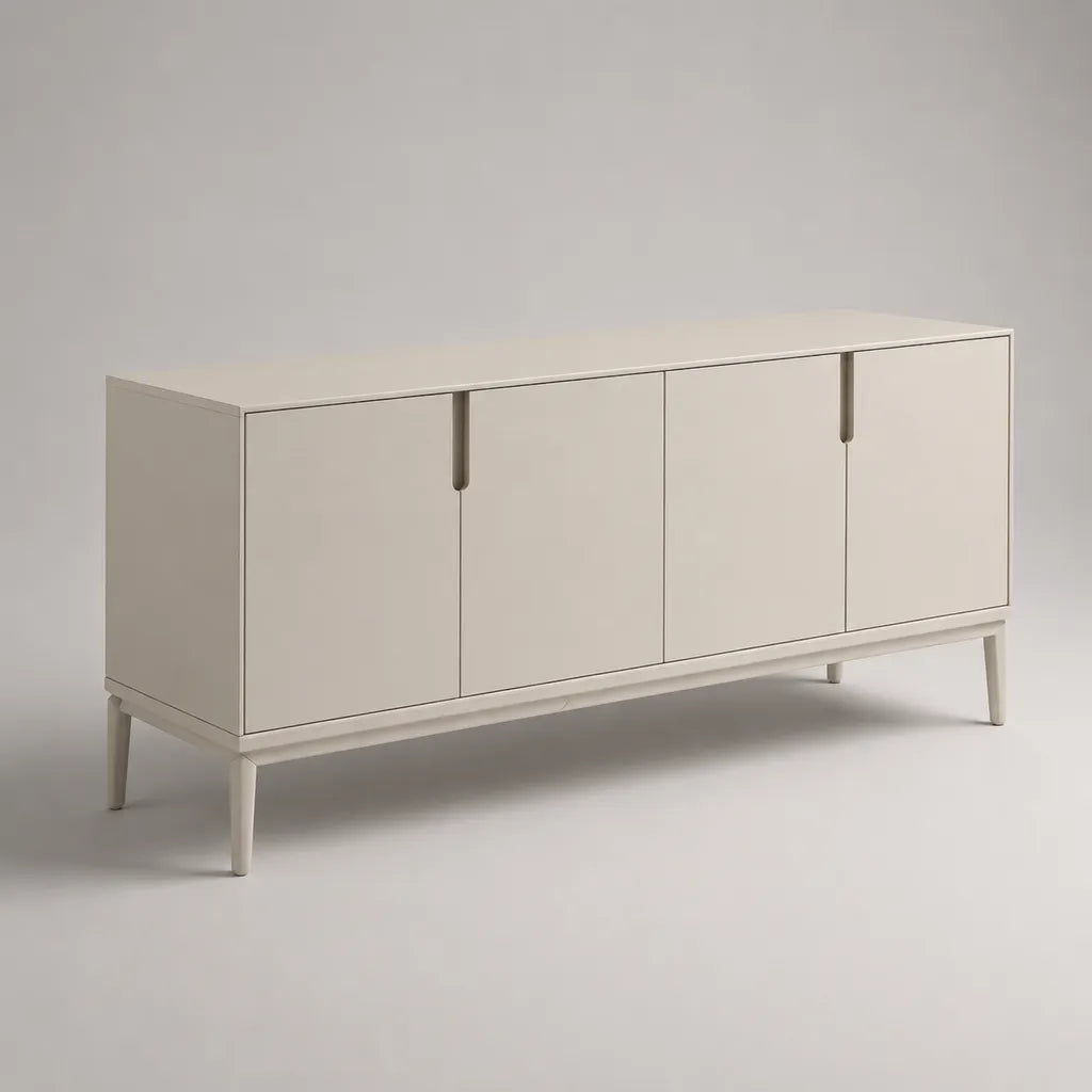 Buffet bas beige mat à 4 portes en MDF et acier, 160 × 40 × 80 cm