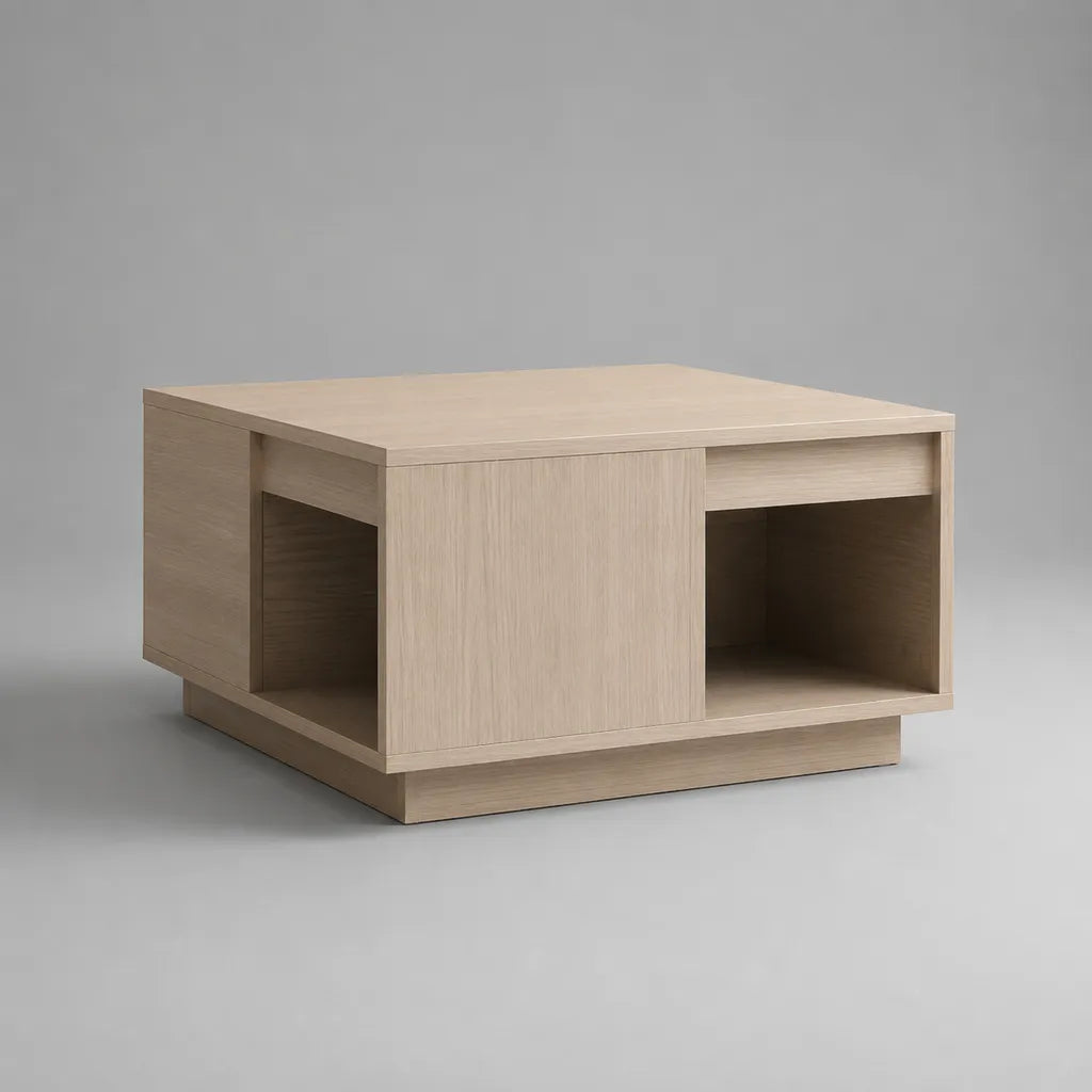 Table basse carrée avec rangements ouverts en panneaux de particules mélaminés, chêne clair et beige, 80 × 80 × 45 cm