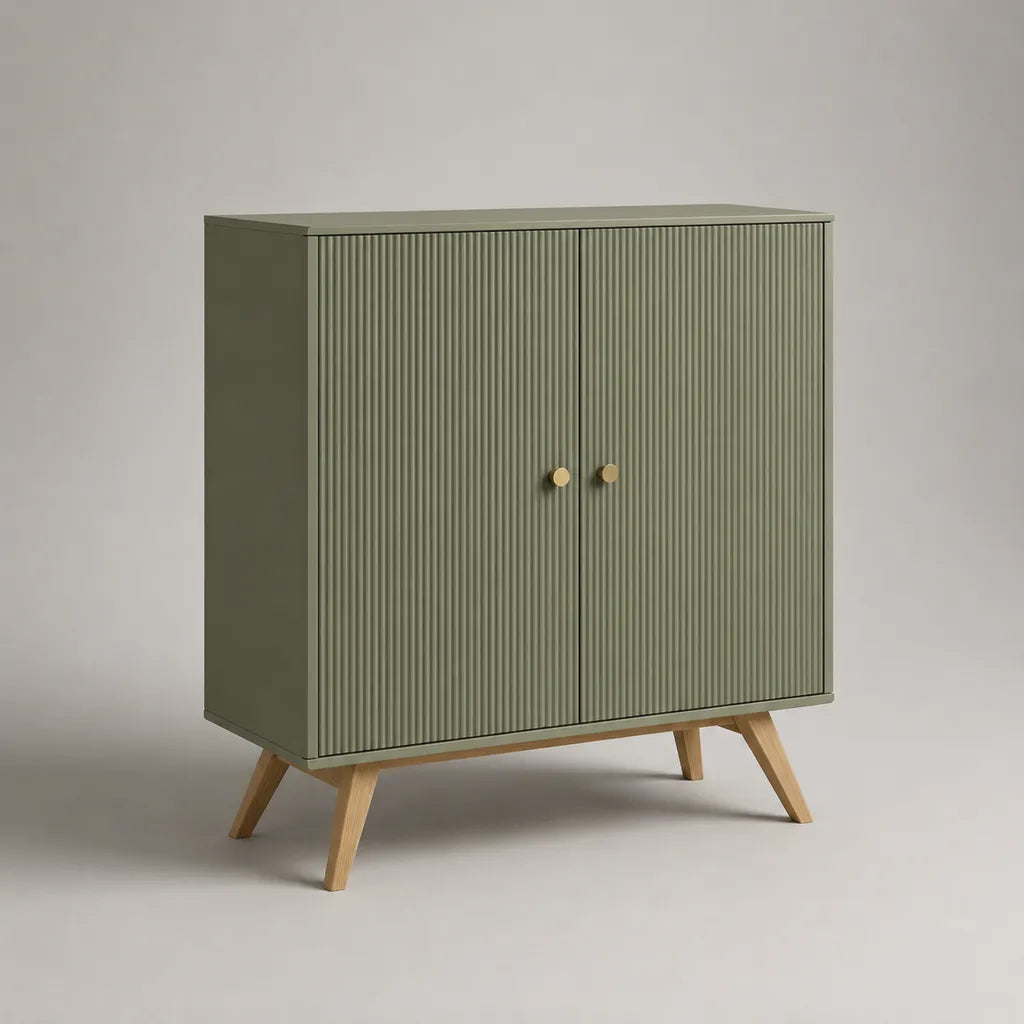 Buffet haut à 2 portes en MDF et bois massif, vert sauge et naturel, 100 × 40 × 110 cm