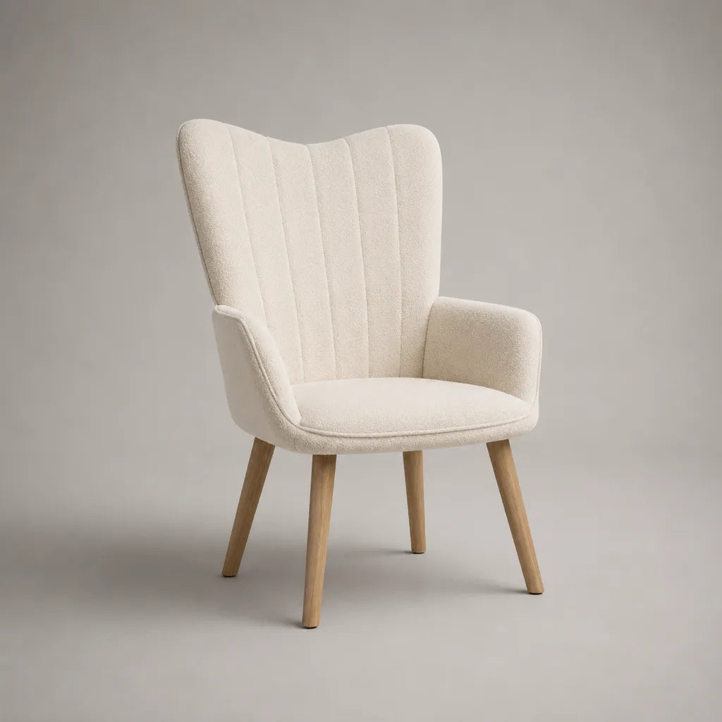 Fauteuil à oreilles en tissu écru avec pieds en bois, 72 × 76 × 101 cm