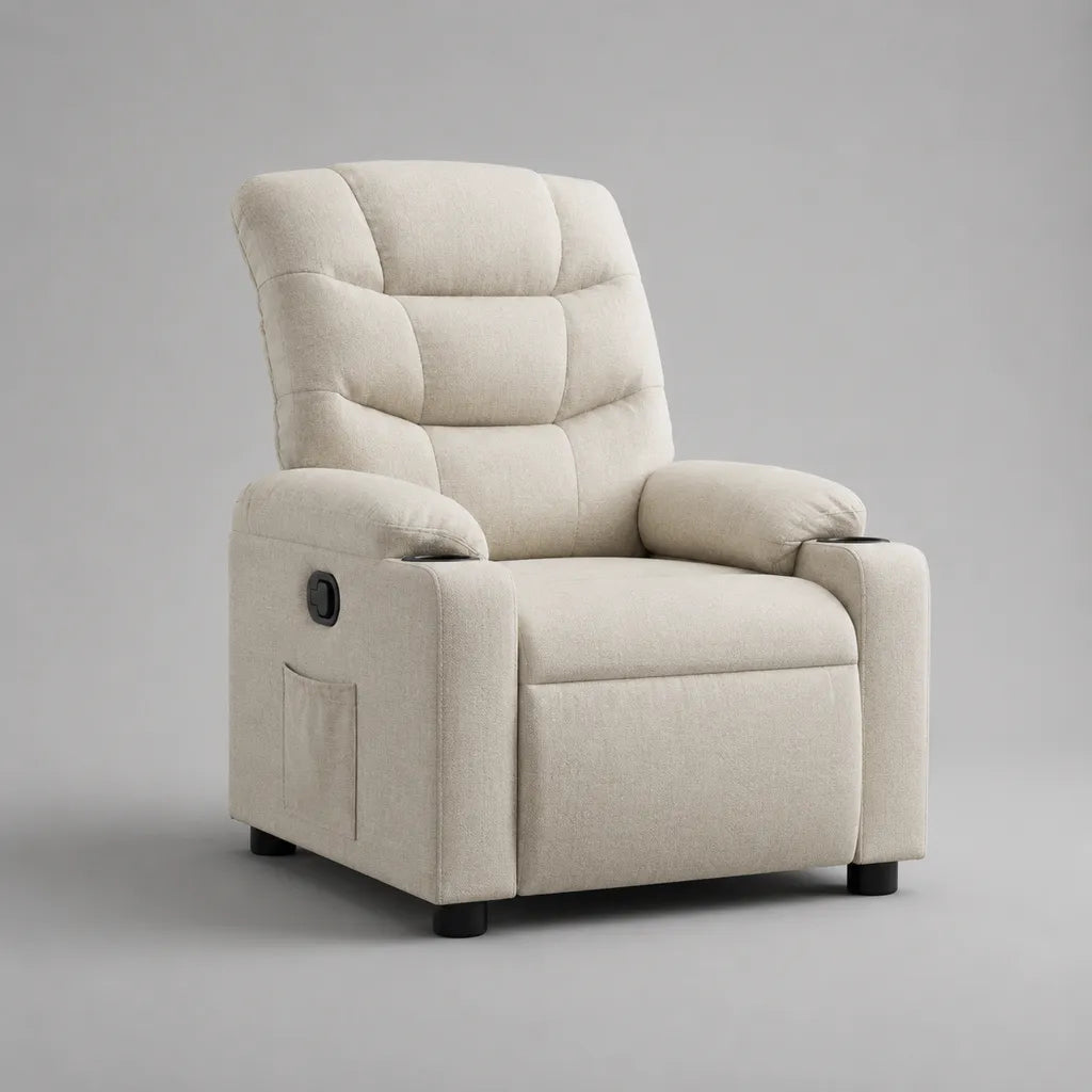 Fauteuil relax manuel en polyester beige crème avec repose-pieds, dossier rembourré et porte-gobelets, 92 × 96 × 105 cm