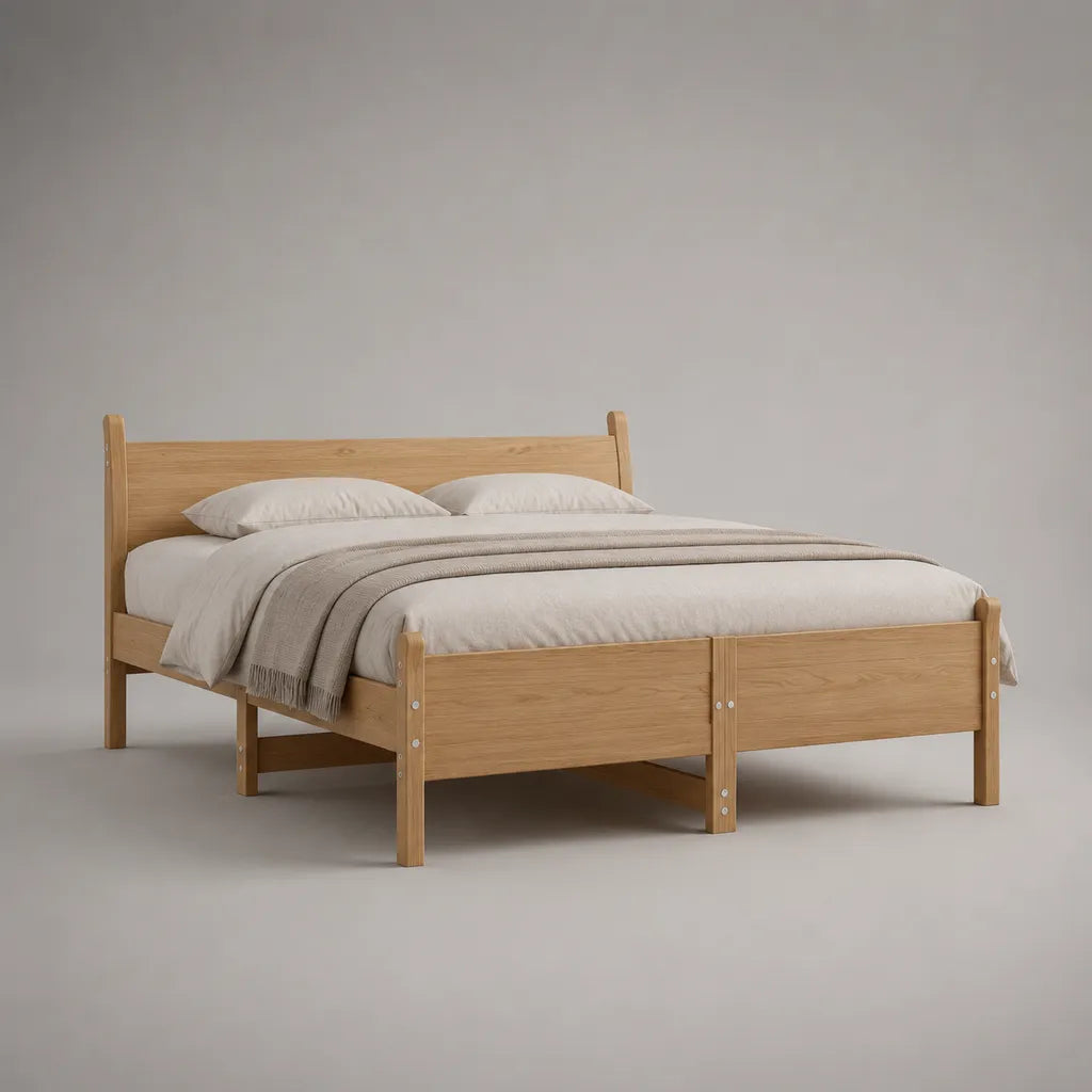 Lit double en bois avec sommier à lattes, chêne naturel, couchage 160 × 200 cm, dimensions 209 × 168 × 95 cm