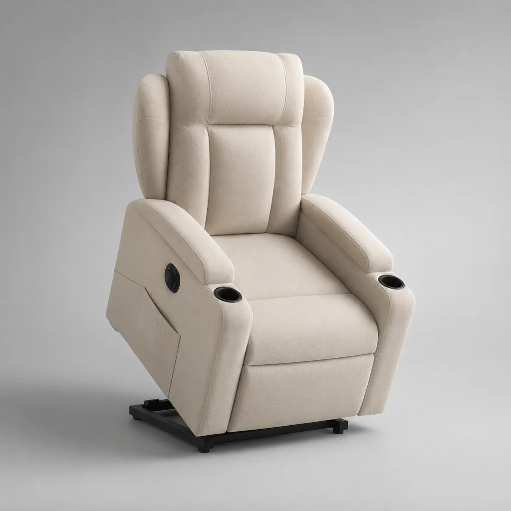 Fauteuil releveur électrique inclinable à dossier haut en microfibre polyester beige avec 2 porte-gobelets, 88 × 95 × 108 cm