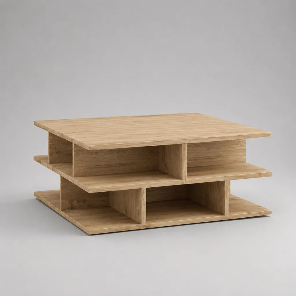 Table basse carrée en bois avec rangements ouverts, décor chêne naturel, 80 x 80 x 42 cm