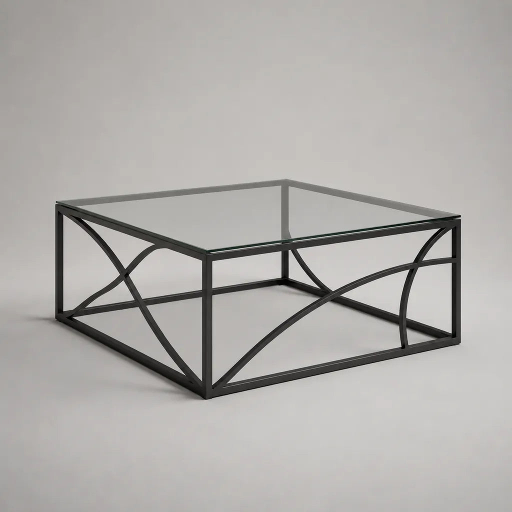 Table basse carrée en verre trempé et acier noir, 80 x 80 x 40 cm