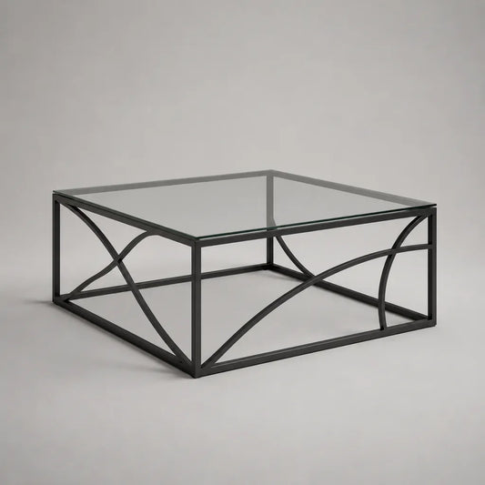 Table basse carrée en verre trempé et acier noir, 80 x 80 x 40 cm