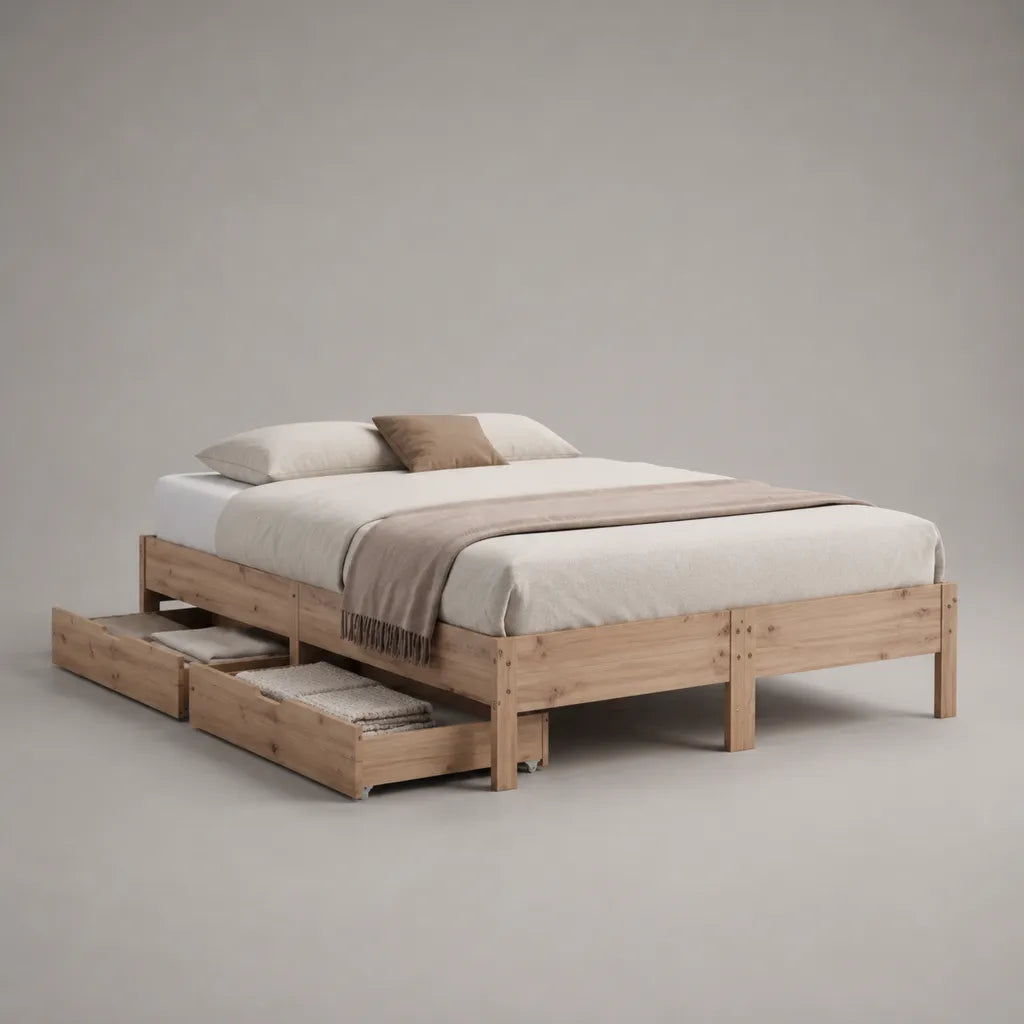Lit double en bois naturel 160 × 200 cm avec sommier à lattes et 2 tiroirs