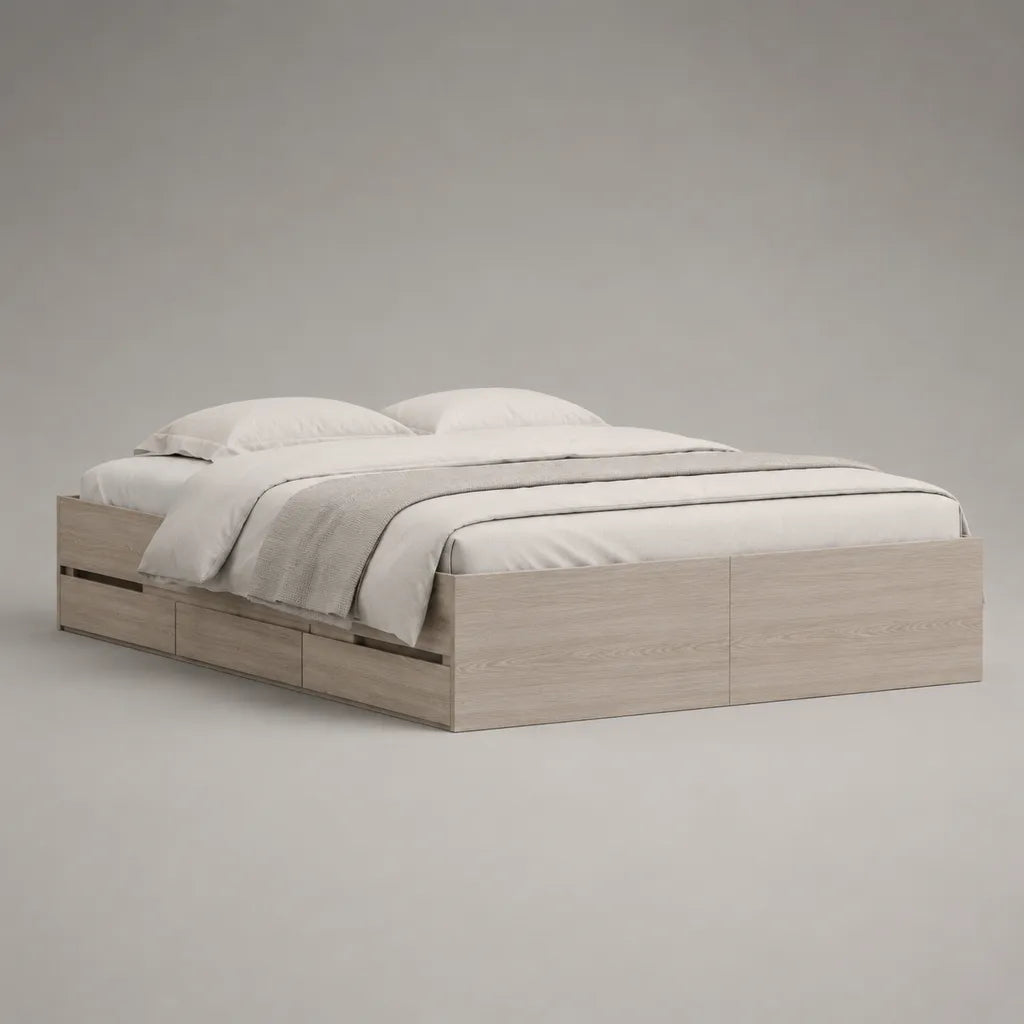 Lit double rectangulaire avec rangement en panneaux de particules mélaminés, couchage 160 × 200 cm, dimensions 205 × 165 × 60 cm, chêne clair