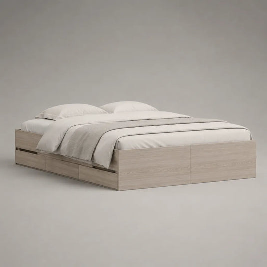 Lit double rectangulaire avec rangement en panneaux de particules mélaminés, couchage 160 × 200 cm, dimensions 205 × 165 × 60 cm, chêne clair