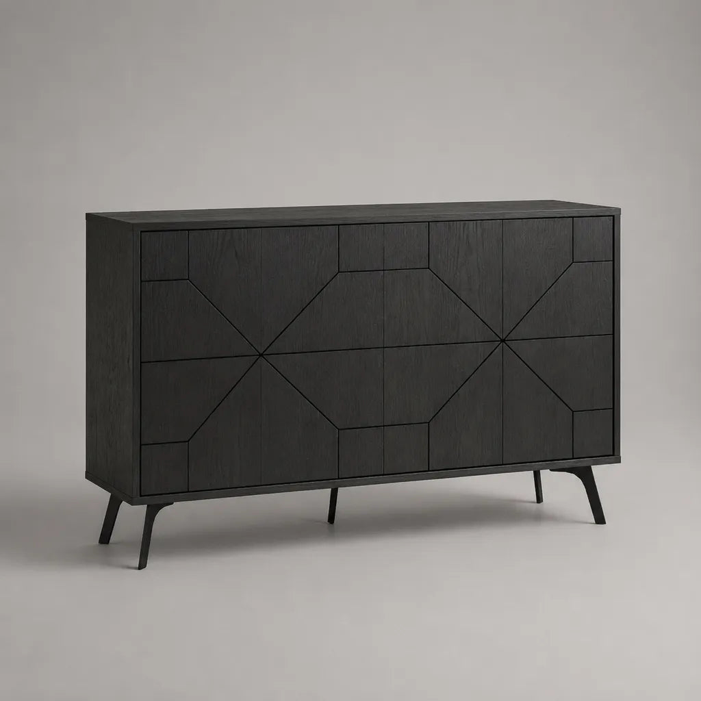 Buffet bas rectangulaire noir à 3 portes en MDF plaqué frêne et acier, 140 x 40 x 80 cm