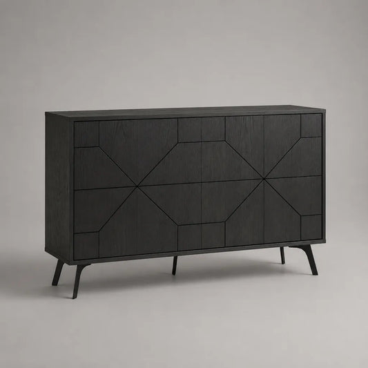Buffet bas rectangulaire noir à 3 portes en MDF plaqué frêne et acier, 140 x 40 x 80 cm