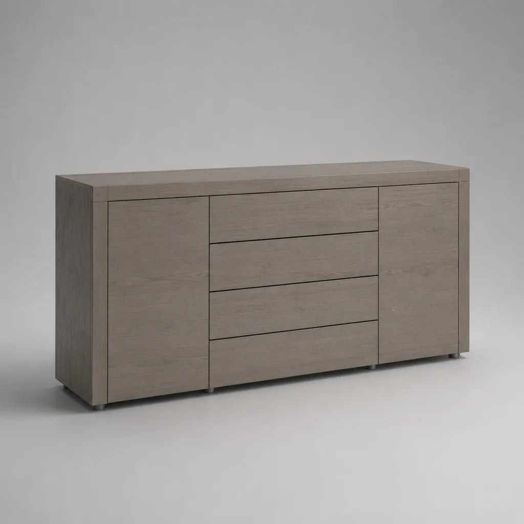 Buffet bas rectangulaire en bois avec 2 portes et 4 tiroirs, gris grège, 180 × 45 × 85 cm