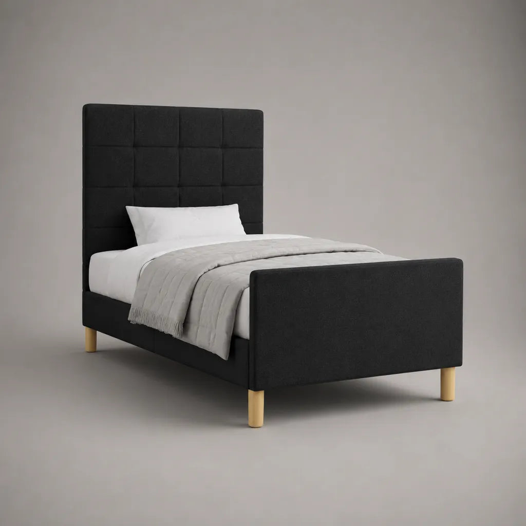 Lit simple rembourré noir 90 × 190 cm avec sommier à lattes, tête et pied de lit