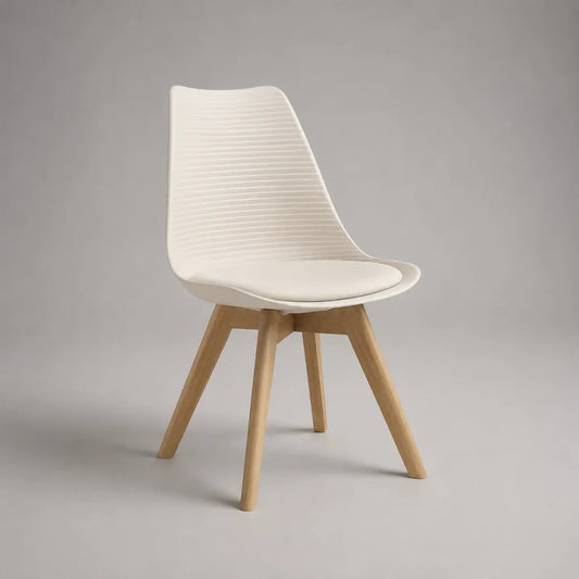 Chaise de salle à manger à coque incurvée en plastique, assise rembourrée et pieds en bois massif, blanc et bois naturel, 49 × 55 × 82 cm