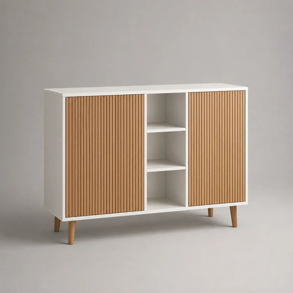 Buffet de rangement rectangulaire en panneaux mélaminés et MDF, 2 portes et 3 niches, blanc et chêne clair, 120 × 40 × 90 cm