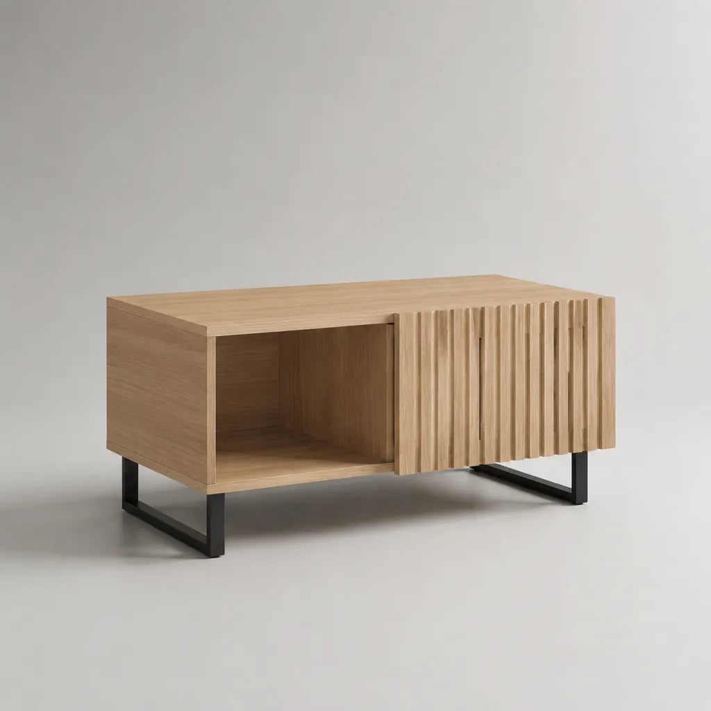 Table basse rectangulaire avec rangement en MDF plaqué chêne et acier noir, 100 × 50 × 45 cm, chêne naturel