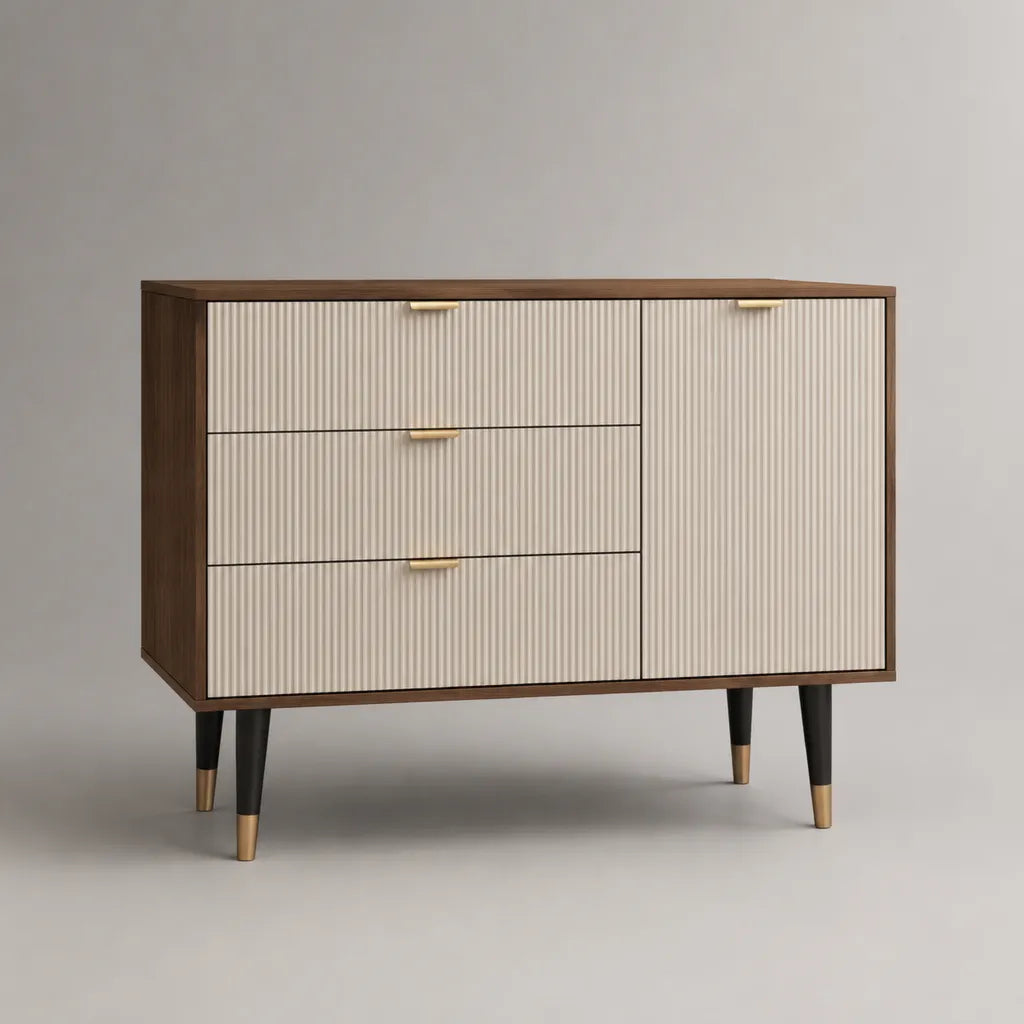 Buffet de rangement en bois à 3 tiroirs et 1 porte, brun, beige, noir et doré, 120 × 40 × 85 cm