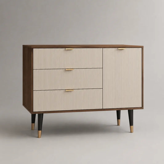 Buffet de rangement en bois à 3 tiroirs et 1 porte, brun, beige, noir et doré, 120 × 40 × 85 cm