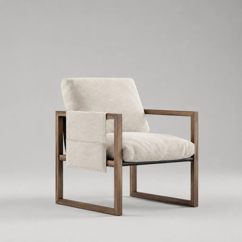 Fauteuil de salon en bois massif et métal, tissu bouclé écru, pochette latérale, écru, brun noyer et noir, 72 × 78 × 84 cm