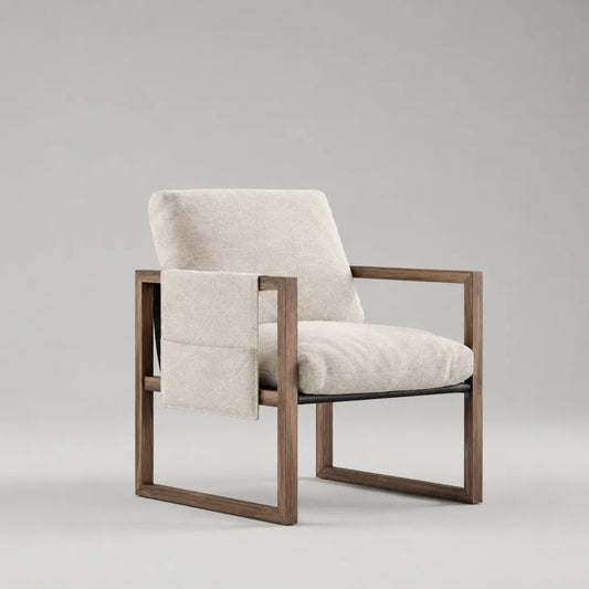 Fauteuil de salon en bois massif et métal, tissu bouclé écru, pochette latérale, écru, brun noyer et noir, 72 × 78 × 84 cm