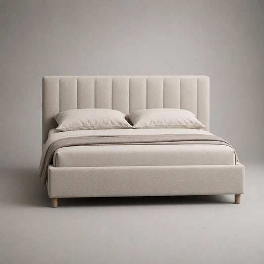 Lit double rembourré en tissu beige 160 × 200 cm avec tête de lit à panneaux verticaux, 172 × 218 × 115 cm