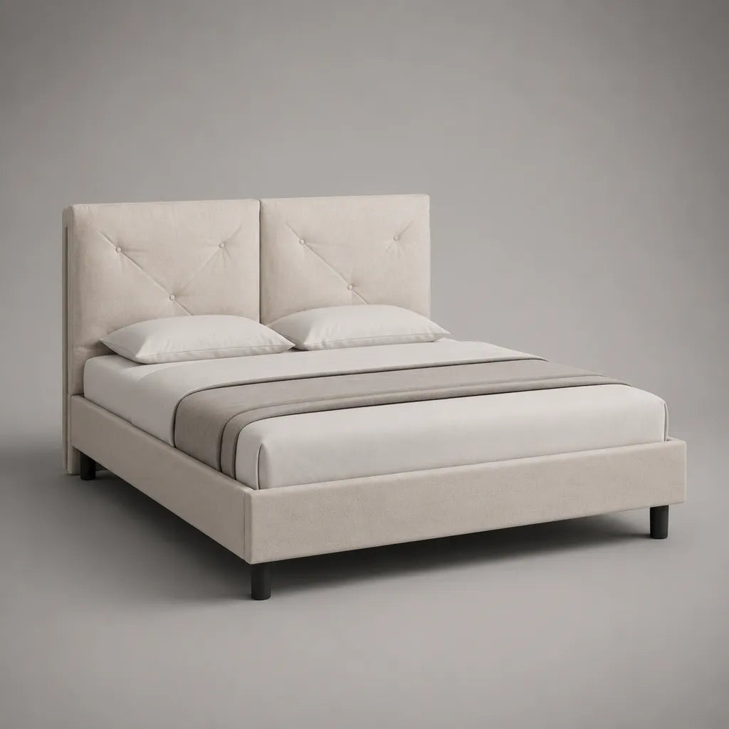 Cadre de lit double rembourré en velours polyester beige avec tête de lit capitonnée, couchage 160 × 200 cm, dimensions 215 × 169 × 112 cm
