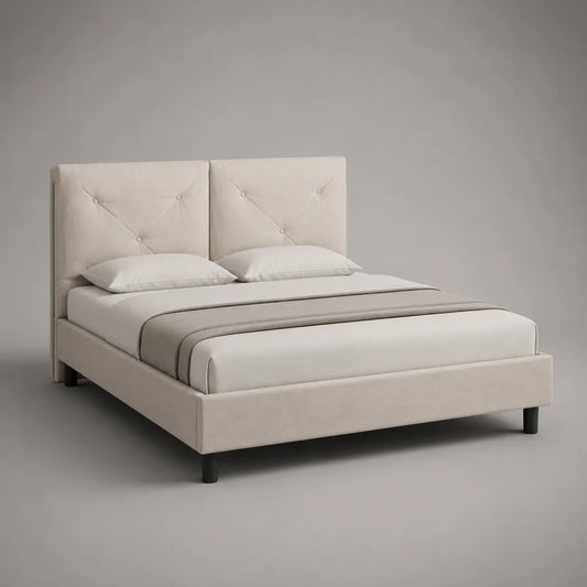 Cadre de lit double rembourré en velours polyester beige avec tête de lit capitonnée, couchage 160 × 200 cm, dimensions 215 × 169 × 112 cm