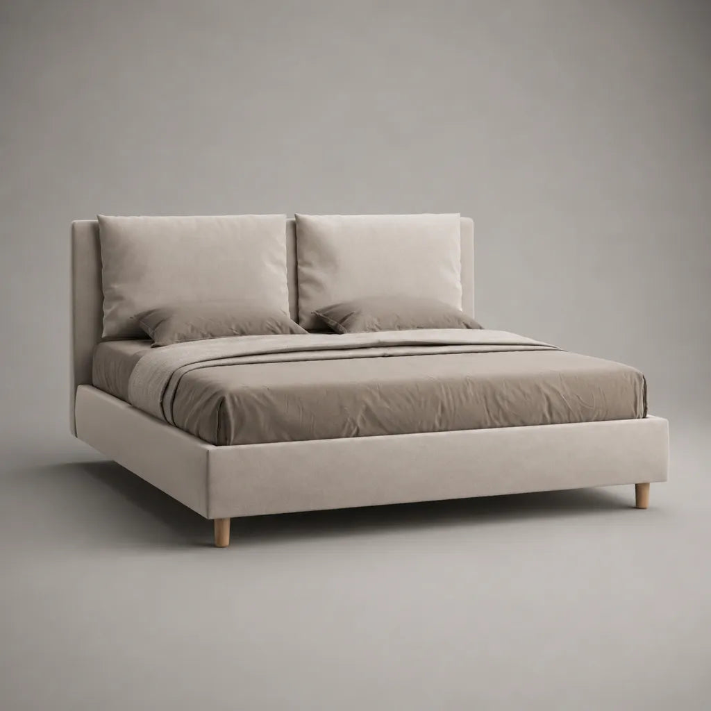 Lit double rembourré beige 160 × 200 cm avec tête de lit en polyester et pieds en hévéa massif