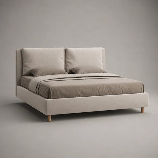 Lit double rembourré beige 160 × 200 cm avec tête de lit en polyester et pieds en hévéa massif