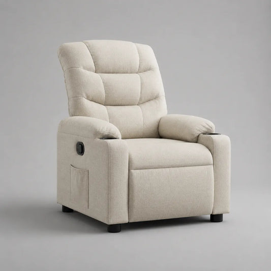 Fauteuil relax manuel en polyester beige crème avec repose-pieds, dossier rembourré et porte-gobelets, 92 × 96 × 105 cm
