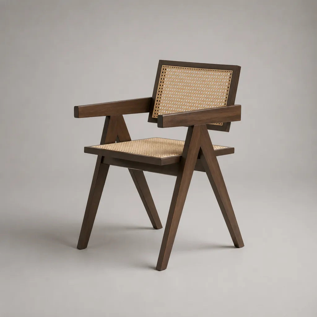 Fauteuil en hévéa massif avec accoudoirs et cannage en rotin, marron foncé et naturel, 58 × 54 × 82 cm
