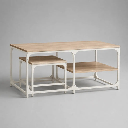 Lot de 3 tables basses gigognes rectangulaires en acier et MDF, chêne clair et blanc, 100 × 50 × 50 cm, 52 × 45 × 34 cm et 42 × 40 × 38 cm