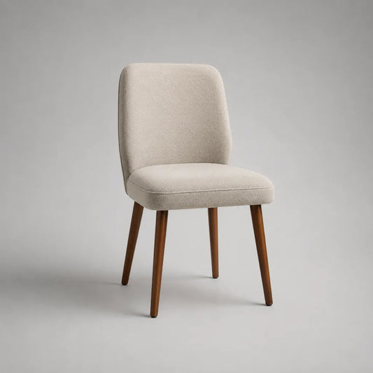 Chaise rembourrée à dossier arrondi en polyester beige et hévéa finition noyer, 48 × 56 × 84 cm