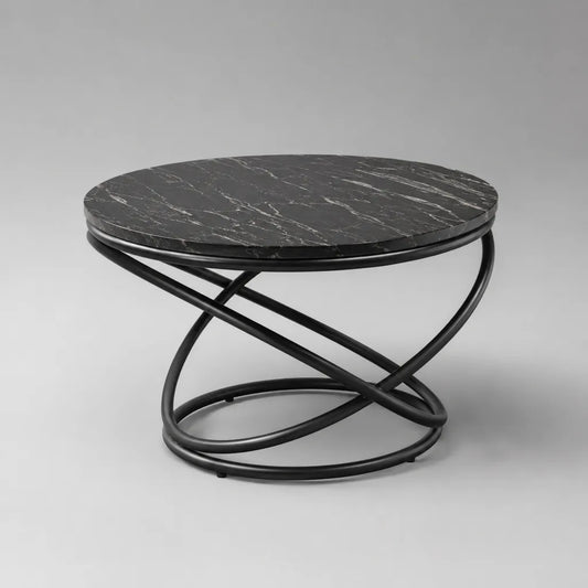 Table basse ronde en marbre noir et métal noir, Ø 70 × H 45 cm