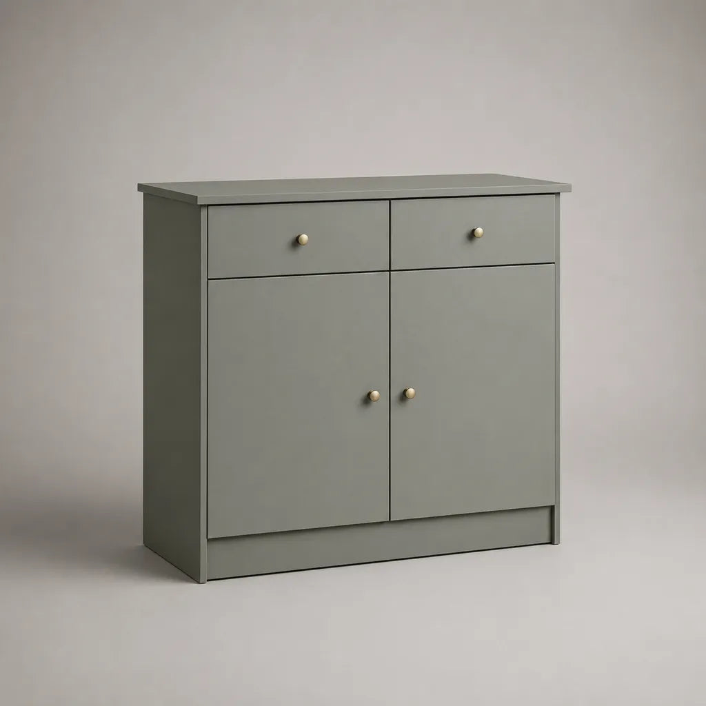 Buffet bas rectangulaire gris sauge à 2 portes et 2 tiroirs en MDF, 80 × 35 × 90 cm