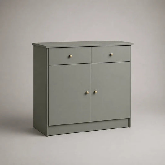 Buffet bas rectangulaire gris sauge à 2 portes et 2 tiroirs en MDF, 80 × 35 × 90 cm