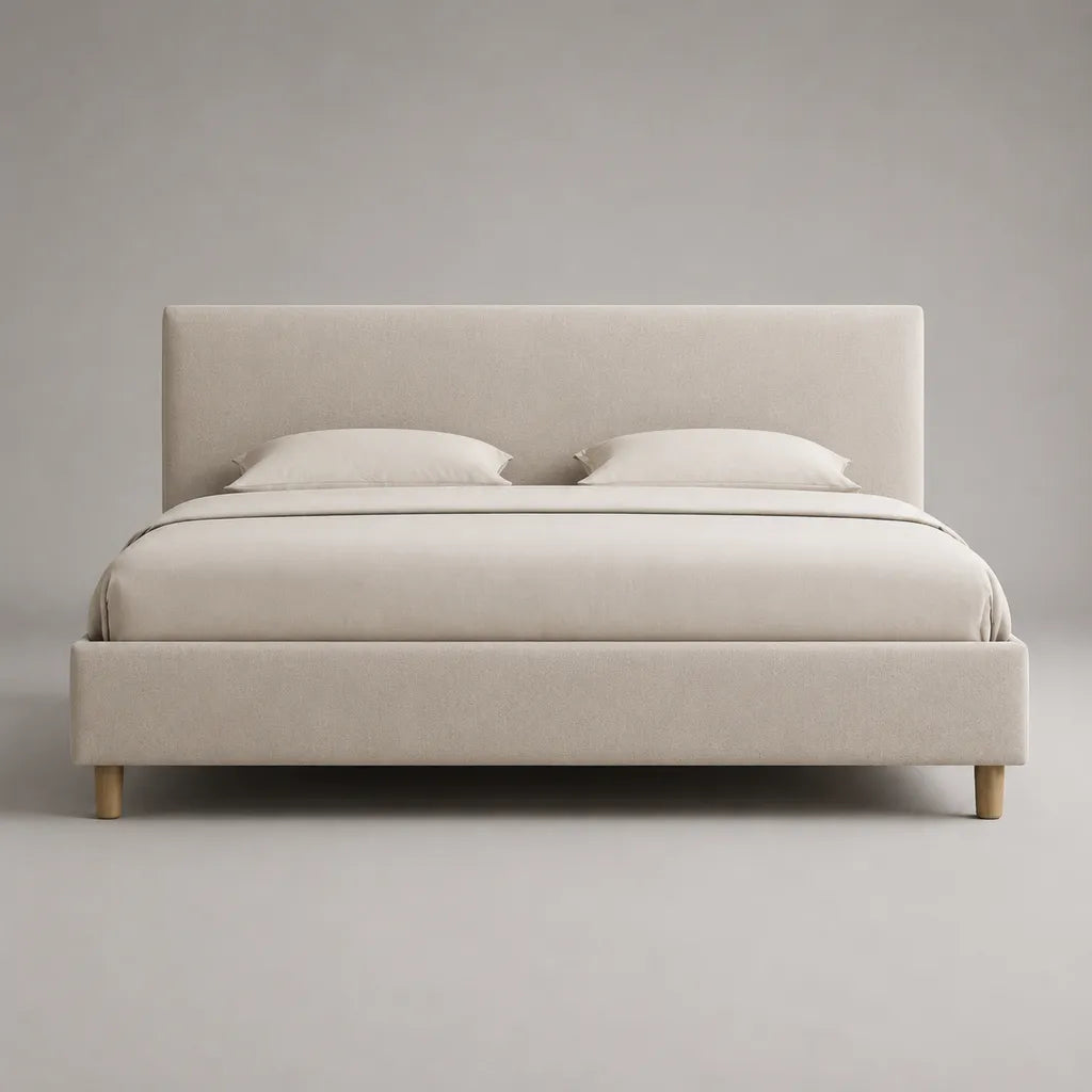 Lit double rembourré en tissu beige 160 × 200 cm avec tête de lit et sommier à lattes