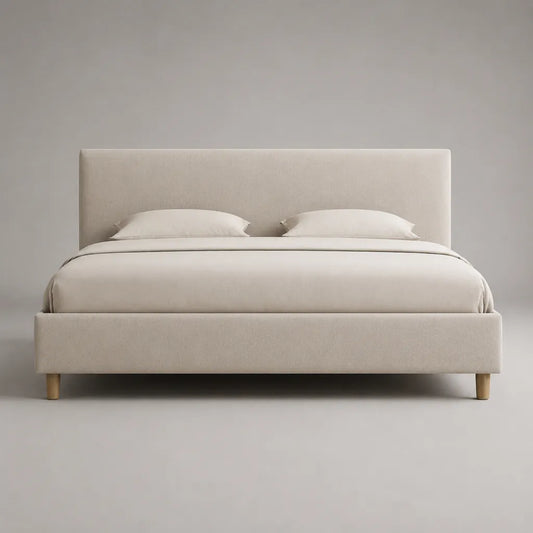 Lit double rembourré en tissu beige 160 × 200 cm avec tête de lit et sommier à lattes