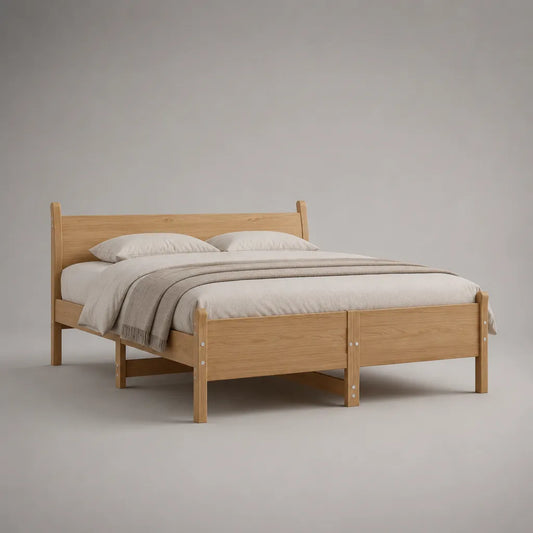 Lit double en bois avec sommier à lattes, chêne naturel, couchage 160 × 200 cm, dimensions 209 × 168 × 95 cm