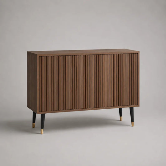 Buffet de rangement à 3 portes en MDF plaqué noyer, marron, noir et doré, 120 × 40 × 80 cm