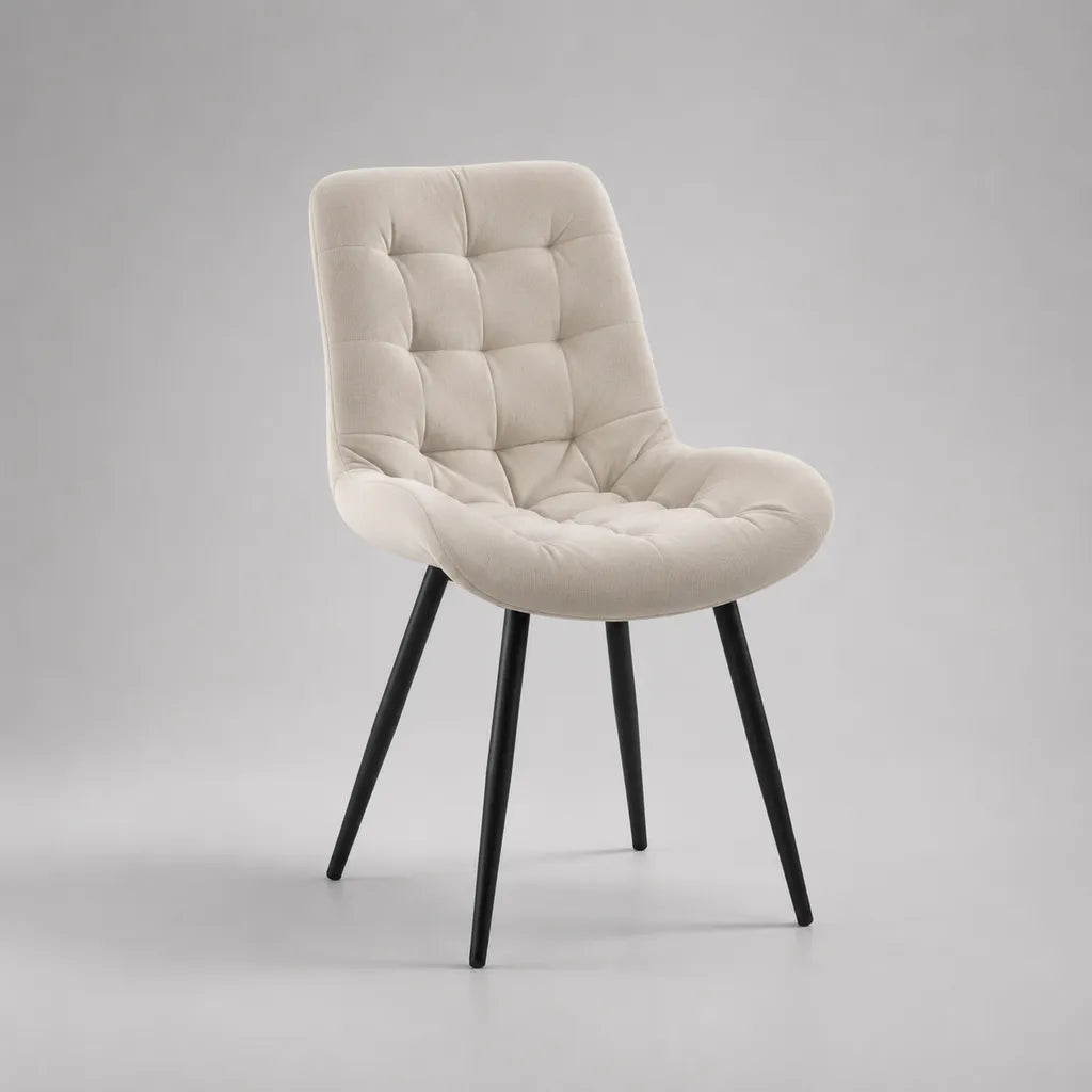 Chaise de salle à manger rembourrée en velours polyester beige avec pieds en acier noir, 58 × 61 × 86 cm