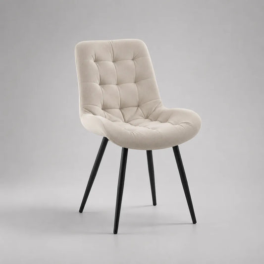 Chaise de salle à manger rembourrée en velours polyester beige avec pieds en acier noir, 58 × 61 × 86 cm