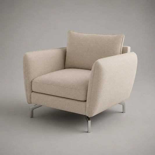 Fauteuil en polyester beige avec pieds en acier chromé, 86 × 84 × 82 cm