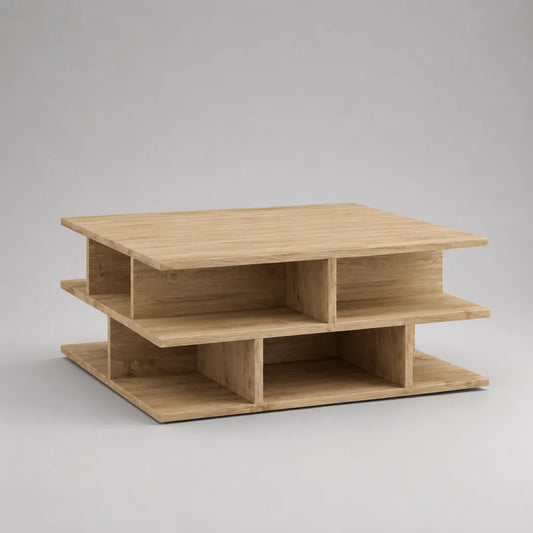 Table basse carrée en bois avec rangements ouverts, décor chêne naturel, 80 x 80 x 42 cm