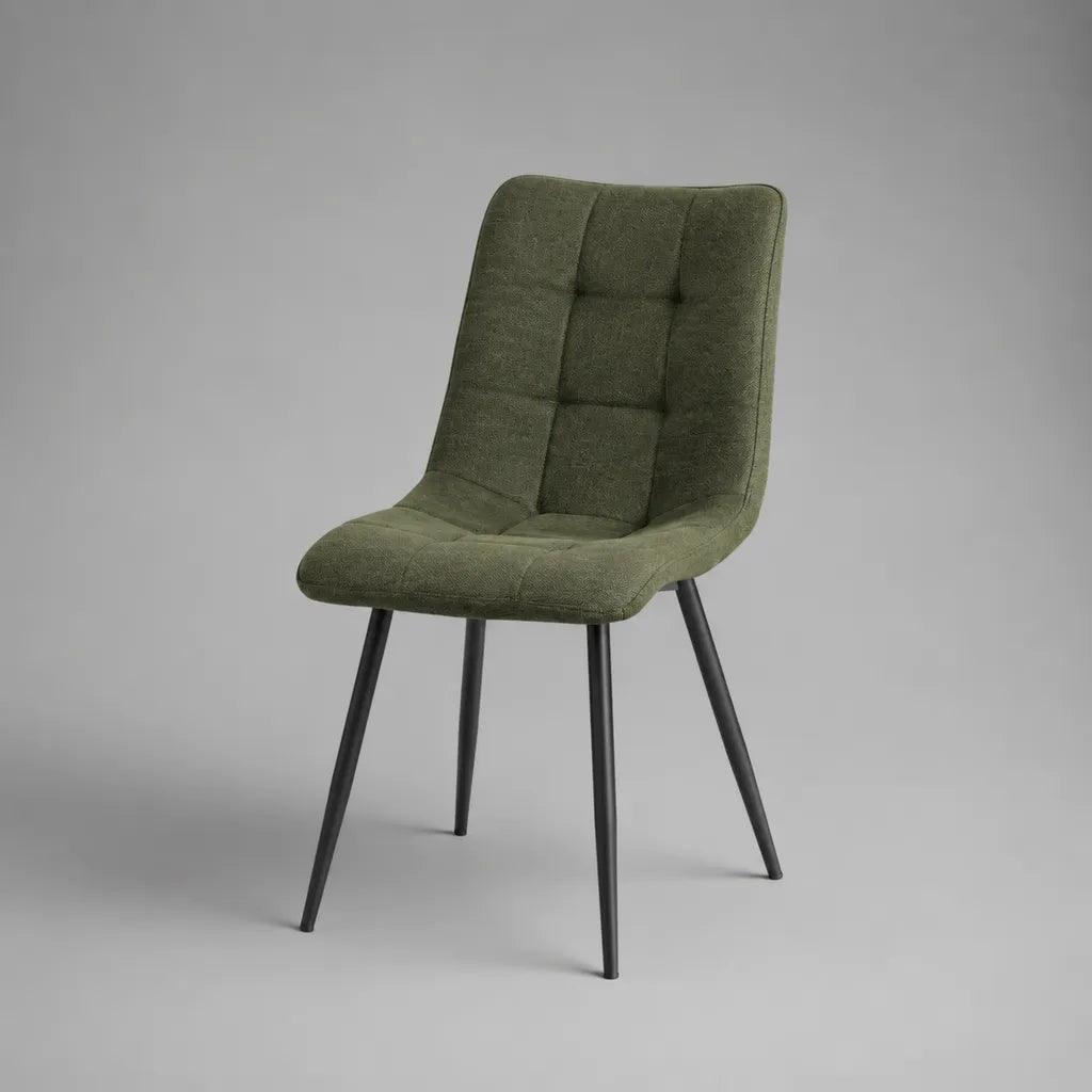 Chaise rembourrée en polyester vert olive avec pieds en acier noir, 48 × 57 × 86 cm